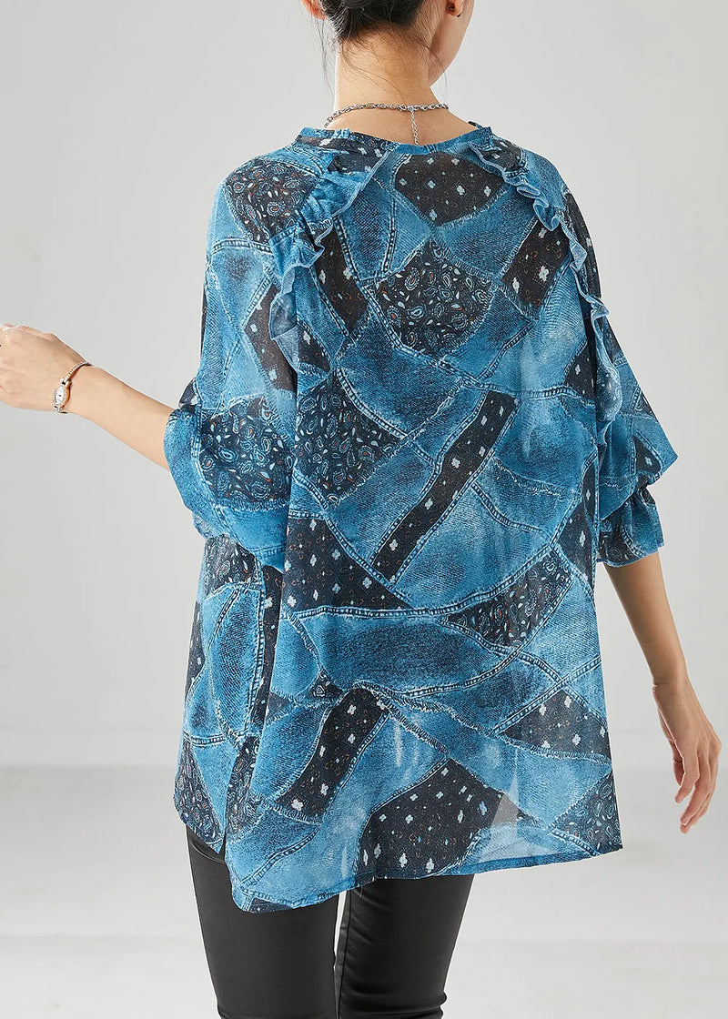 Blue Ruffled Print Chiffon Tanks Fall