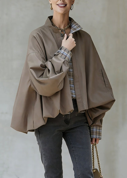 Khaki Stand Collar Pockets Patchwork Low High Design Coat Spring