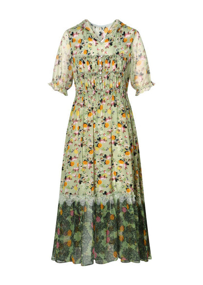 Grey Ruffled Print Patchwork Silk Long Dresses Summer