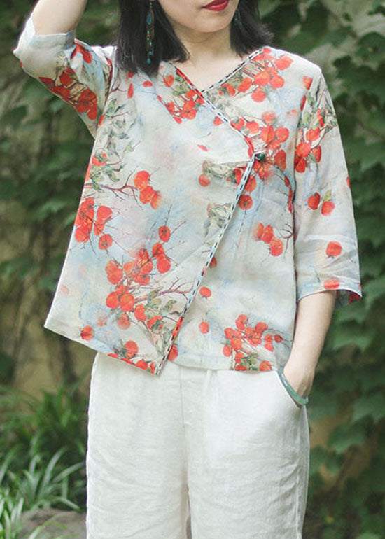 Slim Fit Light Green Button V Neck Linen Tops Three Quarter Sleeve