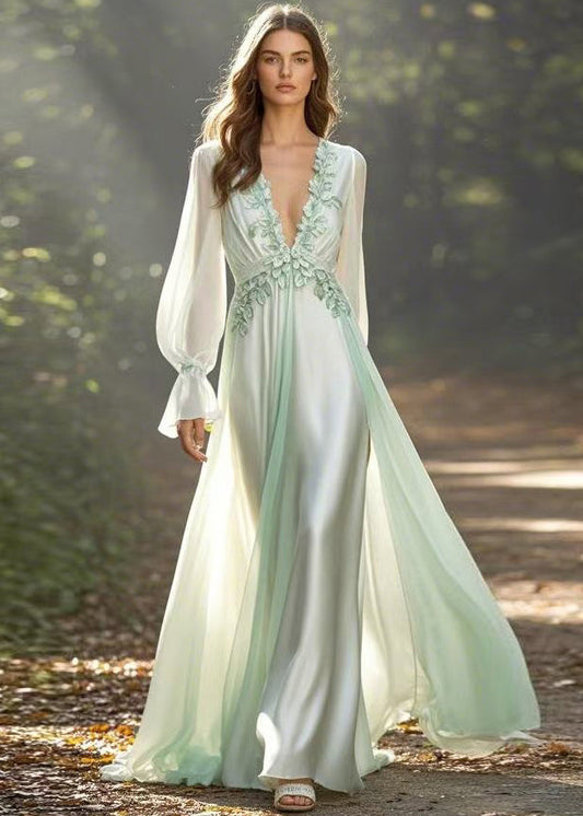 Light Green V Neck Front Open Chiffon Long Dress Fall