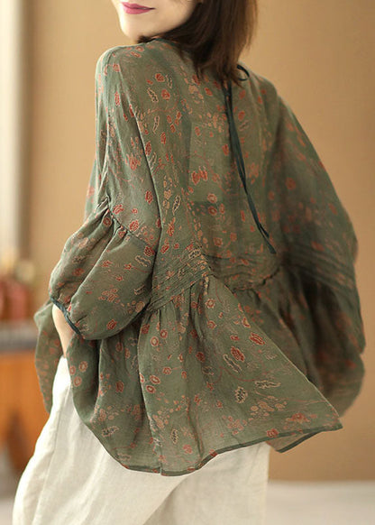 Grey Green Print Wrinkled Patchwork Linen Shirt Tops Short Sleeve