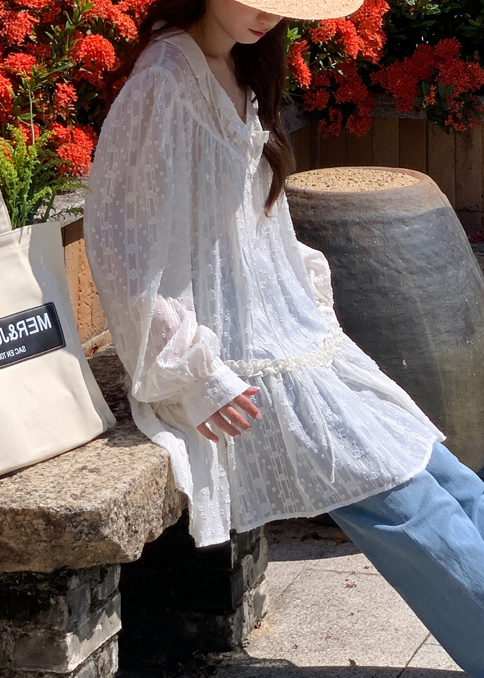 White V Neck Ruffled Cotton Mini Dresses Fall