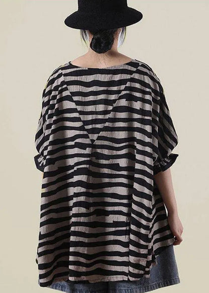 Black Loose O-neck Ruffled Fall Striped Shirt Top Half Sleeve