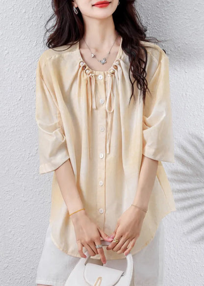 Apricot Drawstring Nail Bead Cotton Blouse Top Half Sleeve