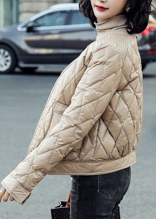 Khaki V Neck Pockets Duck Down Puffers Jackets Winter