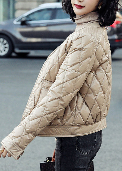 Khaki V Neck Pockets Duck Down Puffers Jackets Winter