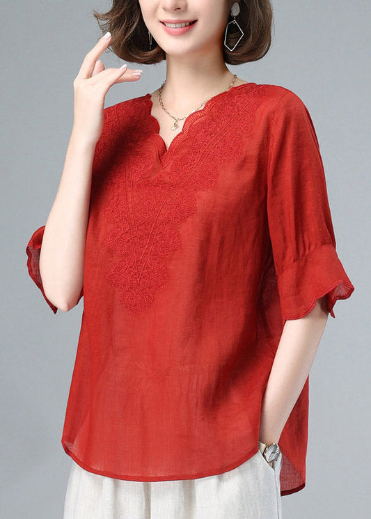 Red V Neck Embroideried Patchwork Linen Tops Summer