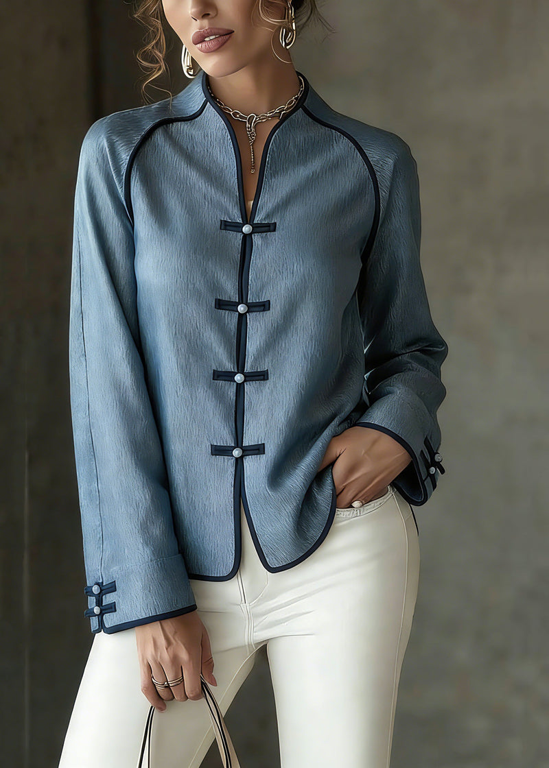 French Blue V Neck Button Shirts Spring