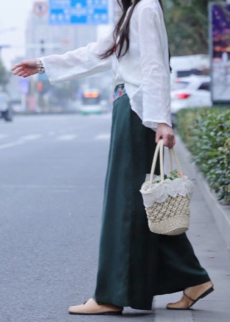 White Wrinkled Embroideried Linen Wide Leg Pants Spring