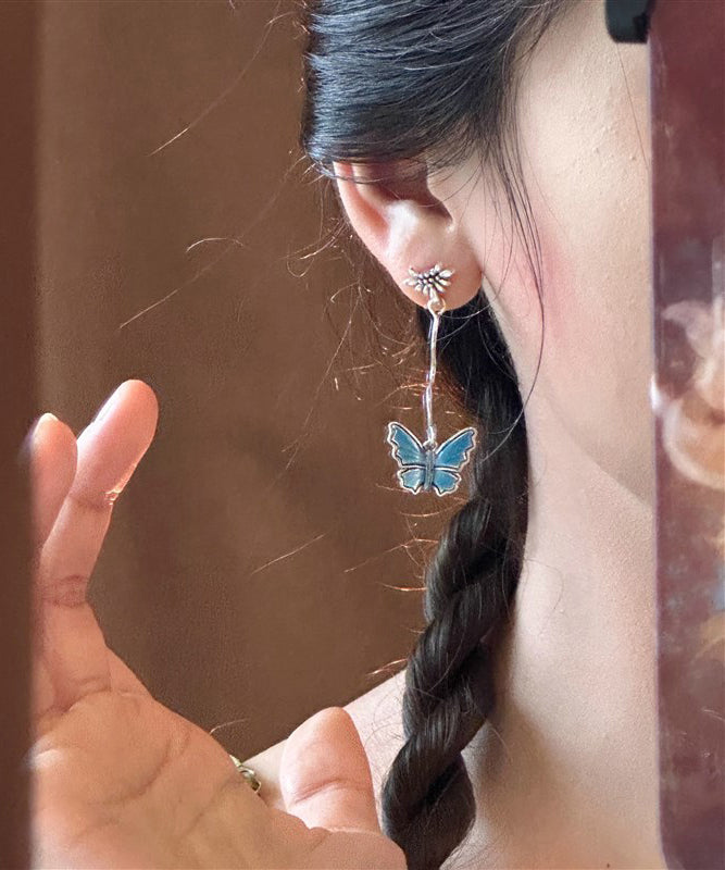 Blue Sterling Silver Overgild Asymmetrical Butterfly Drop Earrings