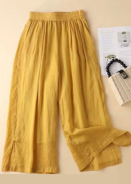 Lavender Elastic Waist Side Open Linen Straight Pants Summer