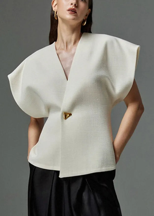 White V Neck Button Top Summer