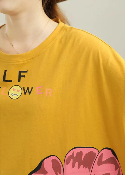Stylish Yellow Loose O-neck Print Low High Design Fall Tee Half Sleeve