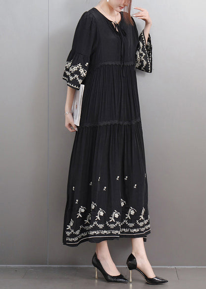 Black Lace Up Ruffled Cotton Long Dresses Embroidered Flare Sleeve Fall