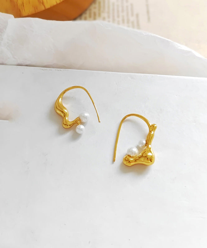 Gold Copper Asymmetrical Pearl Hoop Earrings