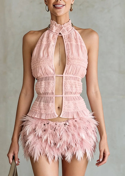 Art Pink Ruffled Hollow Out Lace Up Cotton Tank Sleeveless