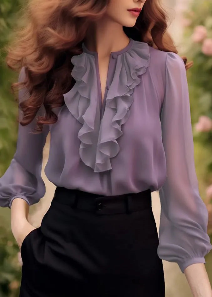 Unique Purple O-neck Ruffled Chiffon Shirt Bracelet Sleeve