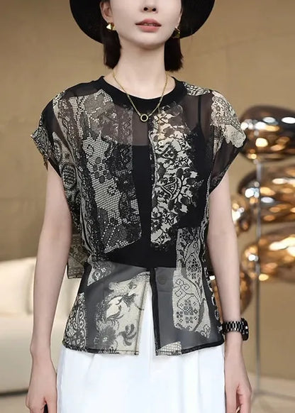 French Black Print Side Open Chiffon Shirt Top Summer