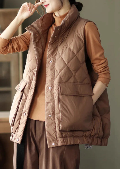 Coffee Stand Collar Pockets Patchwork Duck Down Waistcoat Sleeveless