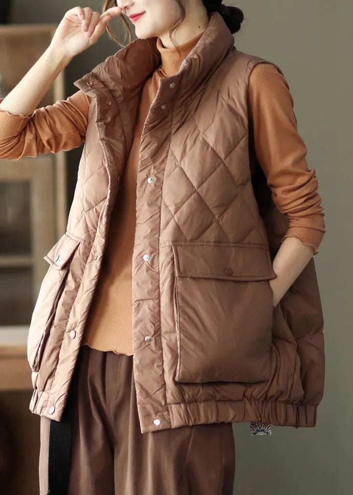 Coffee Stand Collar Pockets Patchwork Duck Down Waistcoat Sleeveless