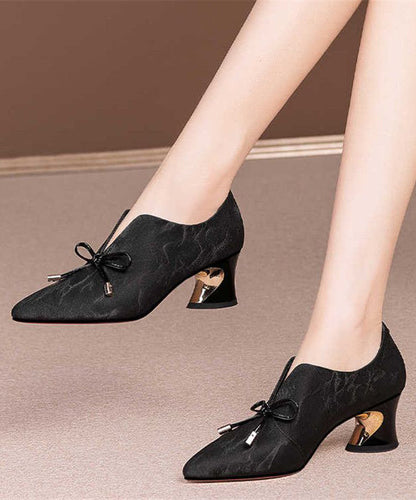 Bow Splicing Pointed Toe Chunky Black Cowhide Leather