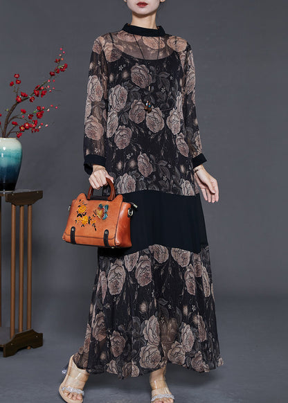Black Patchwork Chiffon Upf 50+ Dress Two Piece Set Print Summer