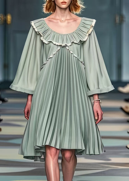 Green Peter Pan Collar Wrinkled Chiffon Mid Dresses Summer