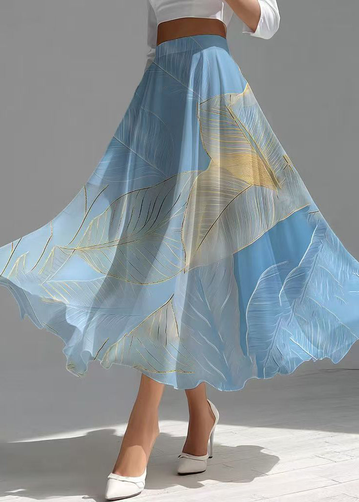 Sea Blue Leaf Print Chiffon Holiday Skirt Fall