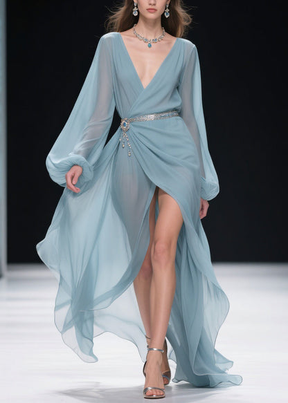 Blue V Neck Wrinkled Side Open Long Dresses Lantern Sleeve