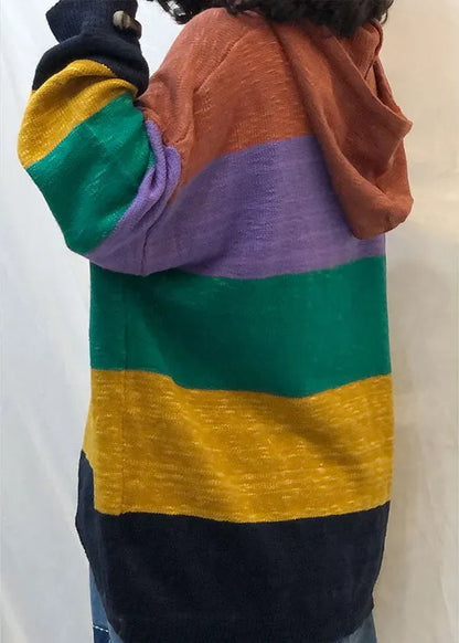 Fitted Rainbow Hooded Drawstring Striped Fall Knit Sweaters