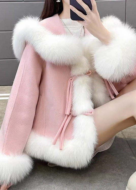 Grey Fox Collar Patchwork Woolen Short Coat Spring