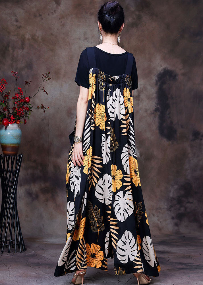 Italian Black Pockets Print Silk Pleated Spaghetti Strap Dress and Tank Two Pieces Set Summer
