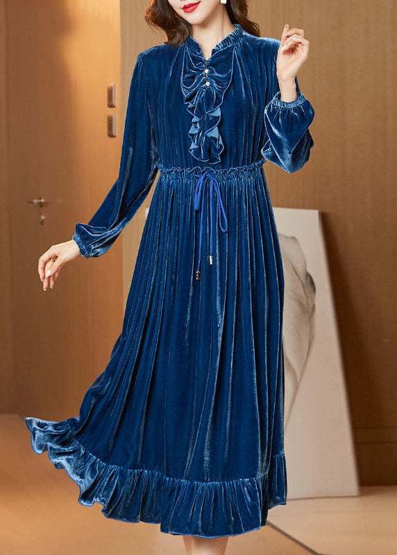 Navy Cinched Patchwork Ruffles Silk Velour Long Dress Spring