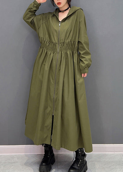 Green Zippered Wrinkled Hooded Long Trench Coats Spring