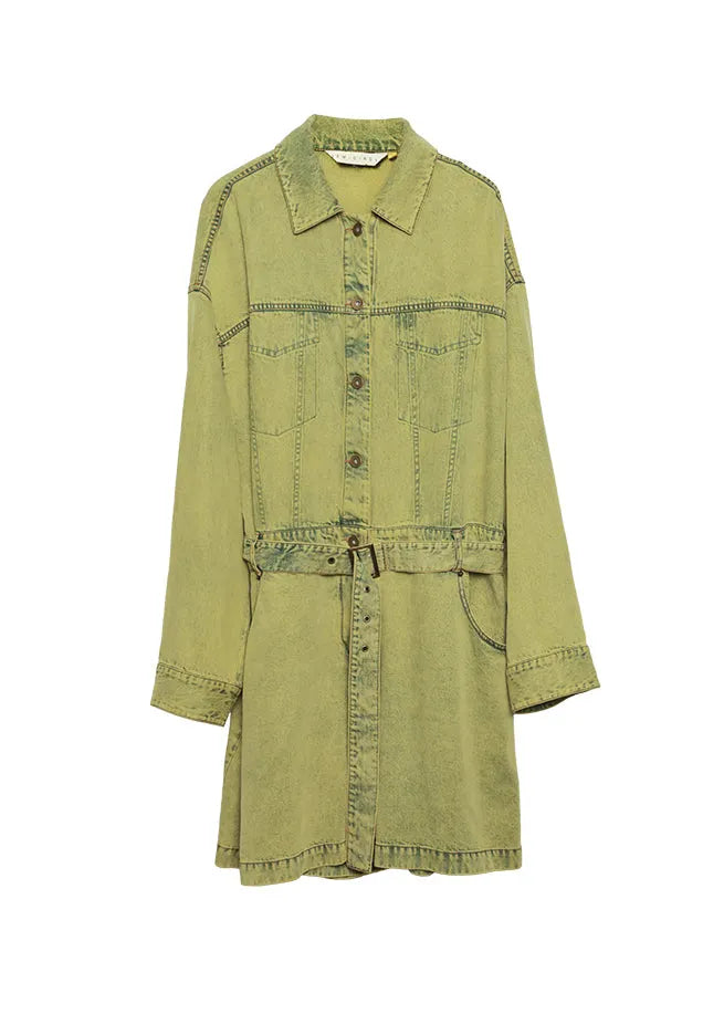 Yellow Green Peter Pan Collar Denim Jumpsuit Long Sleeve
