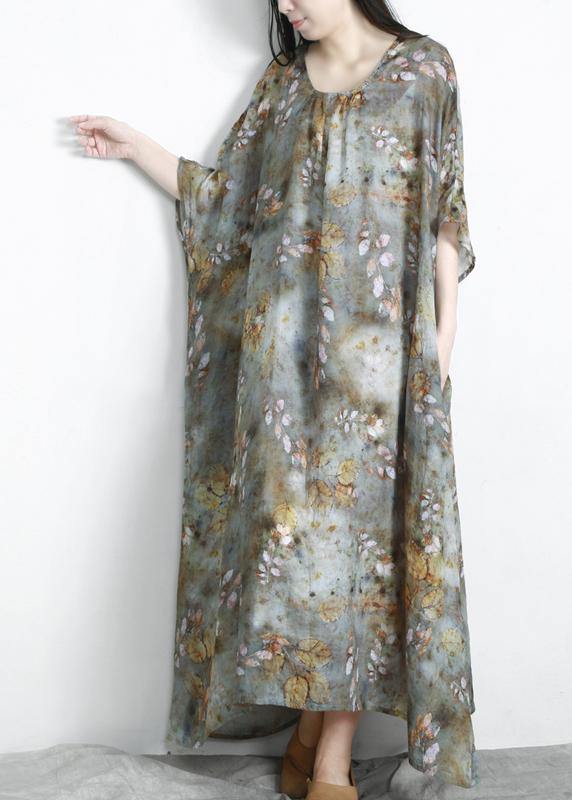 Grey Green Print Linen Pockets Summer Dresses