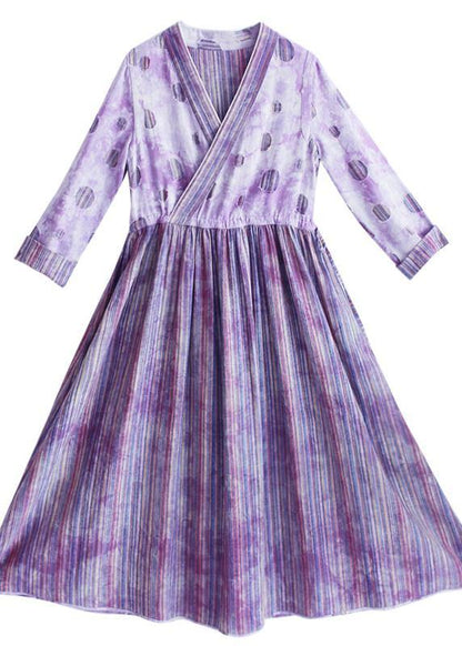Purple Striped Quilting Dresses Patchwork Two Ways to Wear Long Spring Dress