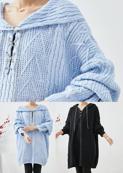 Sky Blue Hooded Oversized Knit Sweater Dress Fall