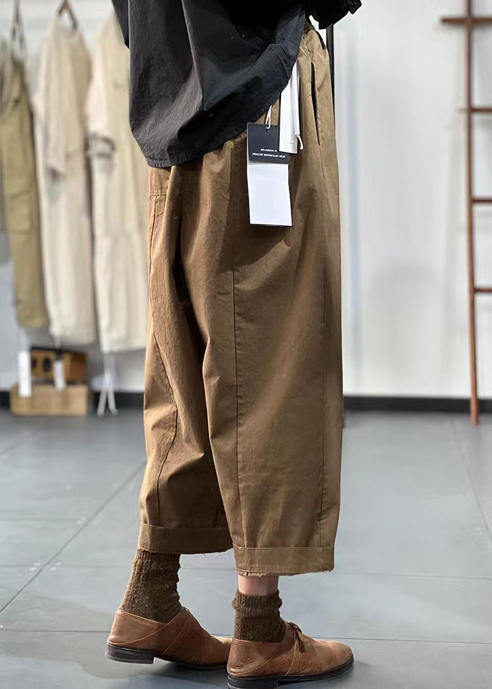 Black Pockets Elastic Waist Cotton Crop Pants Fall