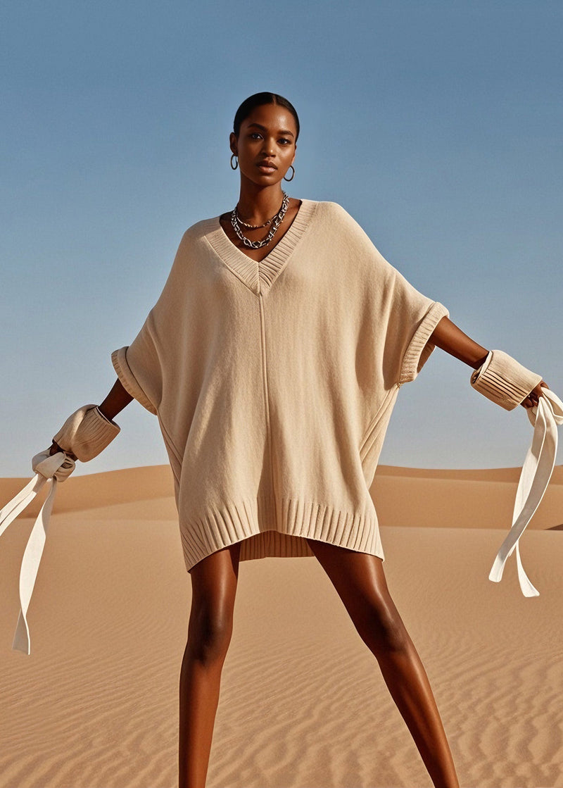 V Neck Mid Knit Sweater Dress Batwing Sleeve