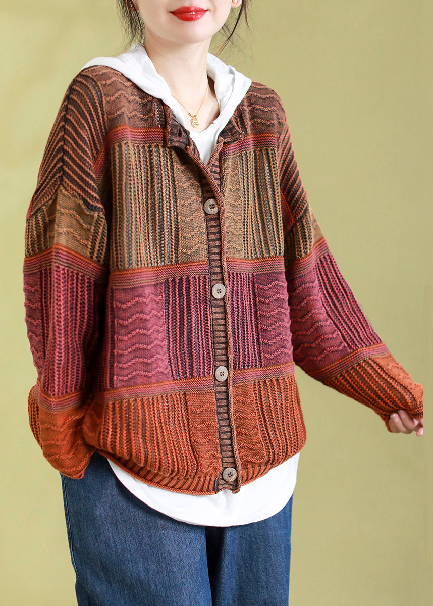 Orange O-neck Striped Patchwork Button Cotton Knit Cardigan Spring