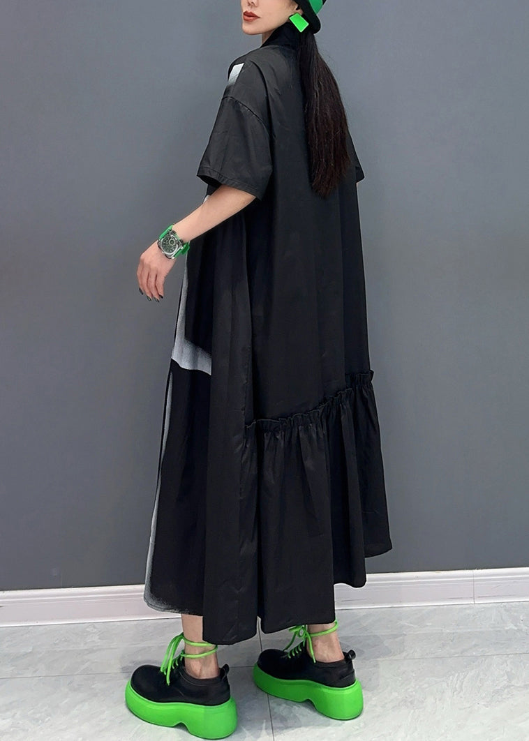 Black Peter Pan Collar Patchwork Long Shirts Dresses Summer