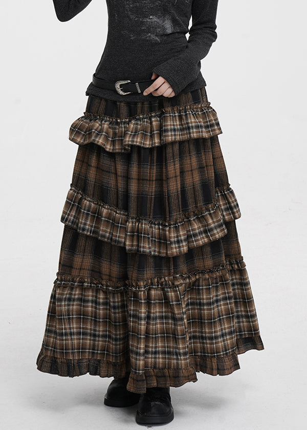Coffee Ruffled Plaid Elastic Waist Cotton Skirts Spring