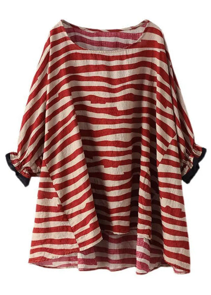 Red Asymmetrical Striped Cotton Pullover Spring