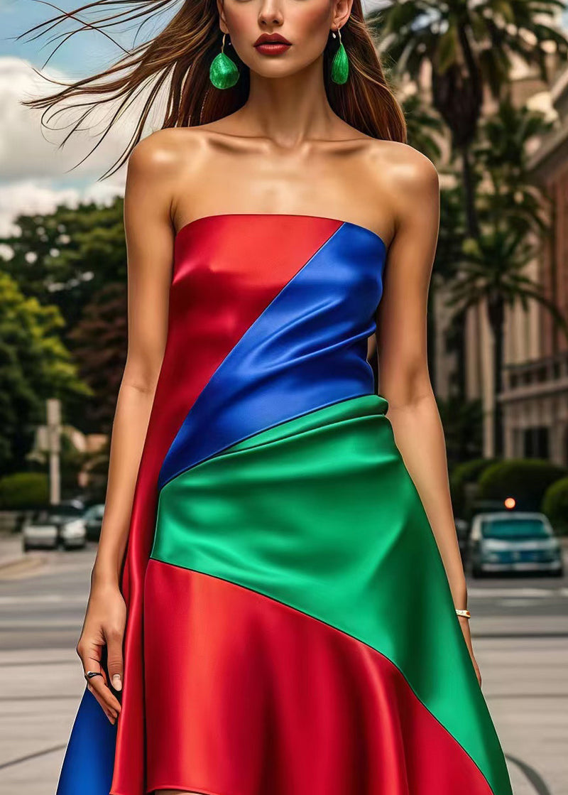 Multicolor Asymmetrical Patchwork Silk Strapless Dress Summer