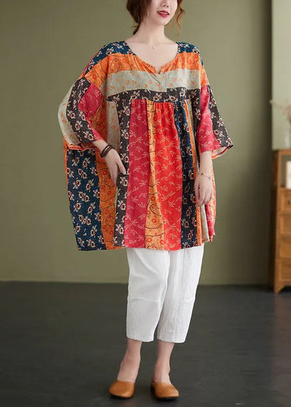 Rainbow V Neck Print Patchwork Fall Shirt Top Three Quarter Sleeve