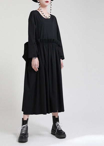 Black O-neck Patchwork Pockets Fall Dress Long Sleeve