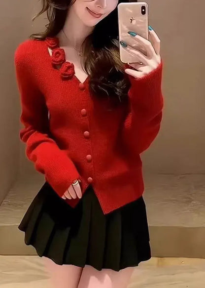 Organic Red Button Cotton Knit Sweater Spring