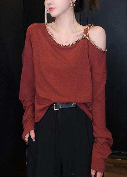 Red Cold Shoulder Chain Linked Cotton Top Long Sleeve